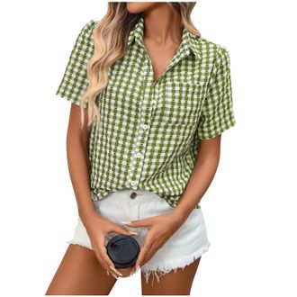 Generic Women Plaid Shirt Short Sleeve Button Down Tops Ladies Checked Lapel Tunic Shirts Office Work Blouses Comfy Loose Boyfriend Top Oversized Tee Shirts V