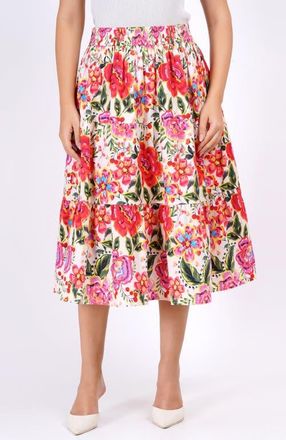 Leota Evelyn Tiered Midi Skirt in Crown Floral Flame Scarlet at Nordstrom, Size X-Large