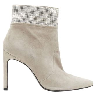 Stuart Weitzman Highbeams grey fossil suede crystal embellished bootie EU38.5
