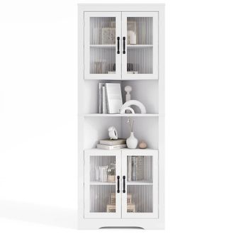 Costway Mobiletto Angolare Costway Alto 171 Cm, Credenza Triangolare Salvaspazio Con 4 Ante In Vetro Temperato, Ripiani Regolabili Per Cucina, Soggiorno