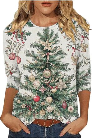 Generic Yolimok Christmas Tops for Women, 3/4 Sleeve Crew Neck Tops Christmas Tree Print Womens T-Shirts Casual Tunic Top Plus Size Novlty Graphic Blouse Part