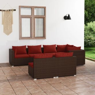 vidaXL Set Muebles De Jard&iacute;n 7 Piezas Y Cojines Rat&aacute;n Sint&eacute;tico Marr&oacute;n Vidaxl