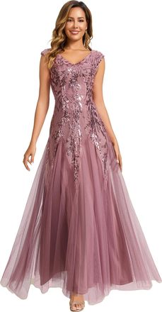 Ever-pretty Womens Sequin Evening Gown with Sleeveless V-Neck Tulle Dress for Formal Wedding Guest Party Dresses Orchid 8