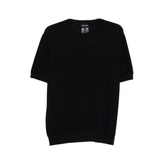 Giorgio Armani Round-neck Knitwear, male, Black, Size: 2XL Chevron Silk and Cotton Crew-neck Jumper
