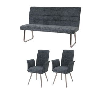 Hhg Nunca Usado] Juego De Comedor Hhg 219, Juego De 2 Sillas Con Reposabrazos + Banco 160cm, Acero Inoxidable Cepillado Tela/textil Chenilla, Azul-verde