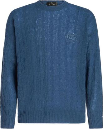 Etro C-neck trui - Heren - Ronde hals truien - Blauw - M - Kasjmier - Truien & Vesten