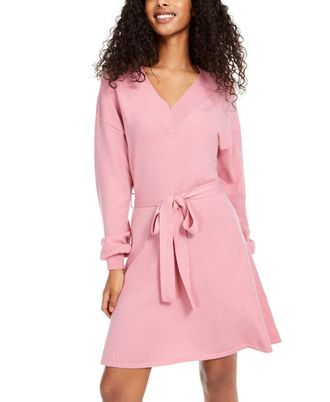 Sequin Hearts Womens Juniors V Neck Fit and Flare Sweaterdress Pink L