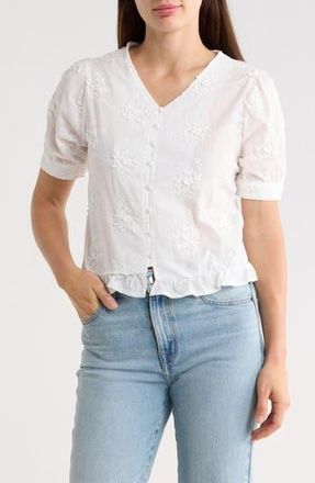 Forgotten Grace Eyelet Short Sleeve Button-Up Crop Top in White at Nordstrom Rack, Size X-Large