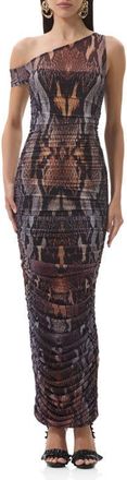 AFRM Biona Printed One-Shoulder Ruched Mesh Maxi Dress in Placed Umber Snake at Nordstrom, Size X-Large