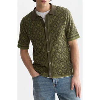 Scotch & Soda Knit Short Sleeve Button-Up Shirt in Tiles Flower Olive Night at Nordstrom, Size Small