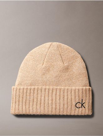 Calvin Klein Mens Embroidered Monogram Logo Beanie - Neutral