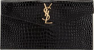 Saint Laurent Uptown Medium YSL Monogram Croc-Embossed Pouch Bag