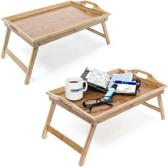 Relaxdays Relaxdays - Set of 2 breakfast trays, foldable, serving tray with legs, with two handles, bamboo, natural finish