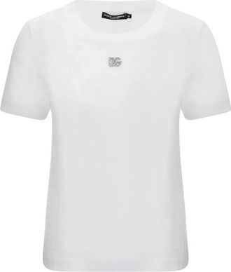 Dolce & Gabbana Monogram Plaque Katoenen T-shirt - Dames - T-shirts - Wit - XL - Katoen - Tops