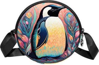 Generic Circle Crossbody Bag for Women, Color Drawing Penguin Small Sling Bag Daypack with Zipper Adjustable Shoulder Straps Casual Ladies Girls Round Purse