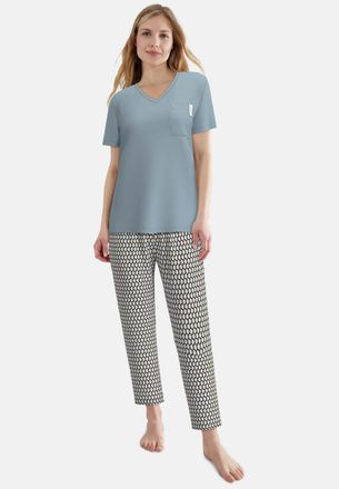 Tom Tailor Pyjama TOM TAILOR, Damen, Gr. 36, blau, mittel, allover, Single Jersey, Obermaterial: 95% Baumwolle, 5% Elasthan, bequem, V-Ausschnitt, gerader Abschl