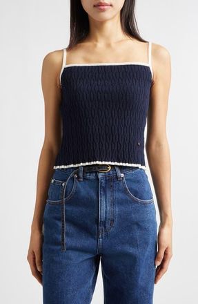 EENK Contrast Trim Pointelle Cable Knit Camisole in Navy at Nordstrom, Size X-Small