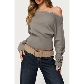 Edikted Carmela Iridescent Button Off the Shoulder Sweater in Olive at Nordstrom, Size X-Small