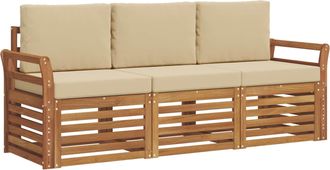 vidaXL Juegos De Sof&aacute;s 3 Uds. Natural Y Beige Madera De Acacia S&oacute;lida Vidaxl