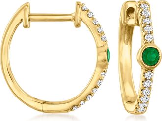 RS Pure by Ross-Simons Emerald and Diamond-Accented Huggie Hoop Earrings in 14kt Yellow Gold