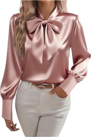 Generic Satin Blouse for Women Bow Tie Neck Ladies Shirts Elegant Vintage Long Sleeve Shirts Ladies Going Out Casual Smart Business Work Office Tops Casual Lo