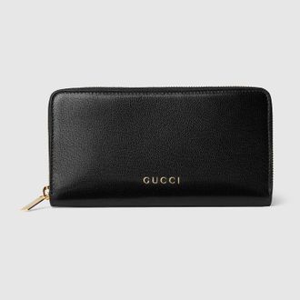 Gucci Zip Around Wallet With Gucci Lettering, Black, Leather