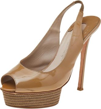 Le Silla Beige Patent Leather Peep Toe Slingback Sandals