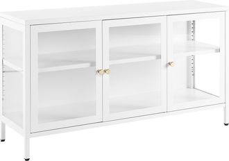 Beliani Aparador De Metal Blanco 115 X 35 Cm 3 Puertas Vidrio Templado Estantes Newport