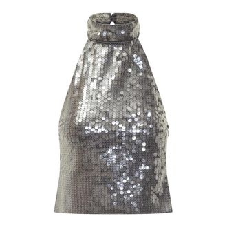 Rotate ROTATE Birger Christensen, Sleeveless Tops, female, Gray, Size: M Net Sequin Halterneck