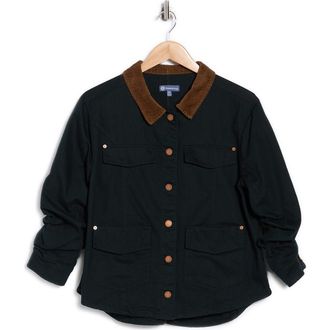 Democracy Ruched Sleeve Cotton Shirt Jacket in Black at Nordstrom Rack, Size X-Large P