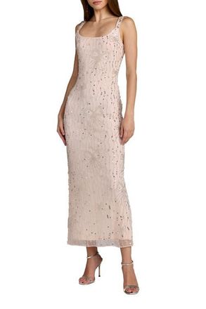 Mac Duggal Beaded Mesh Scoop Neck Ankle Dress With Bows in Blush at Nordstrom, Size 10