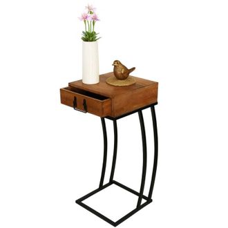 Relaxdays Mesa auxiliar Relaxdays con cajón, (H x B x T): 70 x 30 x 30 cm, madera y metal, forma en C, mesa de sofá, marrón/negro