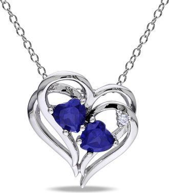 Mimi & Max 1 1/8 CT TGW Created Blue Sapphire Heart and 0.02 CT TW Diamond Pendant with Chain in Sterling Silver
