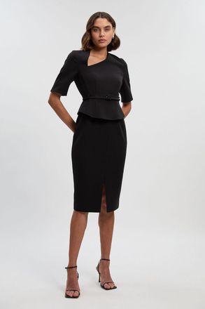 Karen Millen Womens Petite Structured Crepe Forever Asymmetric Neck Belted Pencil Midi Dress - Black - Size 14 UK
