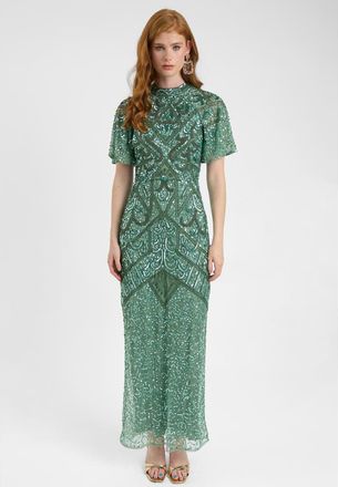 Beauut Embellished Sequin Beaded With Short Flutter Sleeves Maxi Dress in Green at Nordstrom, Size 12