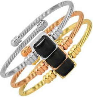 HMY Jewelry Tri-Tone Stainless Steel Simulated Onyx Beaded Cable Bangle Bracelet Set in Tri Tone at Nordstrom Rack