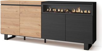 Skraut Home Aparadores Para Sal&oacute;n, Gran Capacidad De Almacenaje, 200x87x35cm, 4 Puertas, Chimenea El&eacute;ctrica, Dise&ntilde;o Industrial, Estilo Moderno, Roble Y Negro - Sk