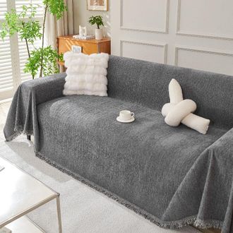 OEM Funda Para Sof&aacute; Esquinero, Funda Para Sof&aacute; De 2/3 Plazas, Funda De Sof&aacute; De Chenilla Gris, Protector De Sof&aacute; Esquinero Con Borlas Decorativas, Gris Osc