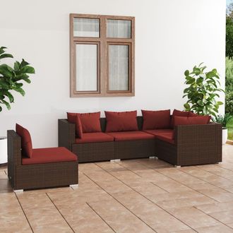 vidaXL Set Sof&aacute;s De Jard&iacute;n 5 Piezas Y Cojines Rat&aacute;n Sint&eacute;tico Marr&oacute;n Vidaxl