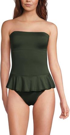 Lands End Sculpting Suit Ruffle Bandeau One Piece Swimsuit in Rich Olive Green at Nordstrom, Size 14