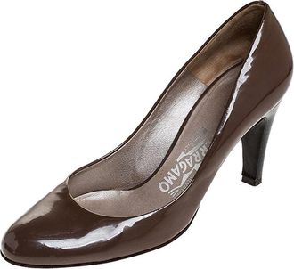 Ferragamo Brown Patent Leather Wooden Heel Pumps