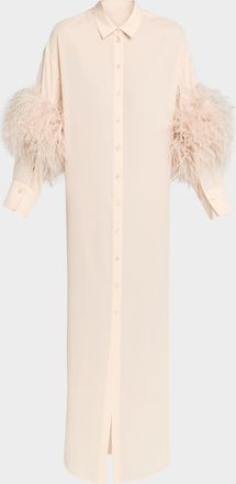Sally Lapointe Feather-Trim Long-Sleeve Georgette Maxi Shirtdress
