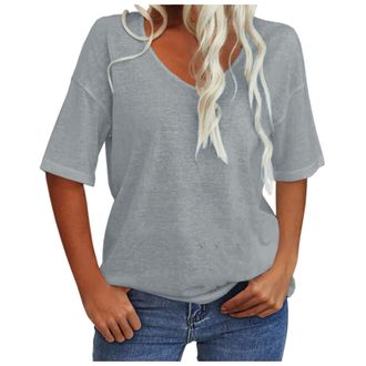Generic Ladies Summer Tops, Womens T-Shirts, Womens Summer Top Fashion V Neck Half Sleeve Oversized T Shirts Elbow Length Tee Shirts Casual Top Loose Fit 2025