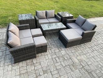 Fimous Outdoor U Shape Sofa Set Rattan Garden Furniture Set with Coffee Table Double Seat Sofa 3 Footstools in Dark Grey