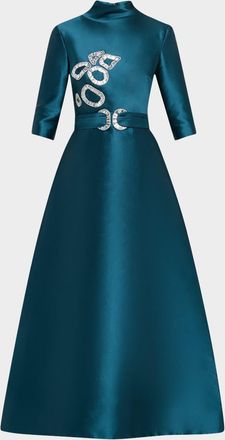 Reem Acra Crystal Mikado Silk 3/4-Sleeve Gown