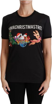 Dolce & Gabbana Zwarte Im AChristmas Tree Crewneck T-shirt - Dames - T-shirts - Zwart - 2XS - Katoen - Tops