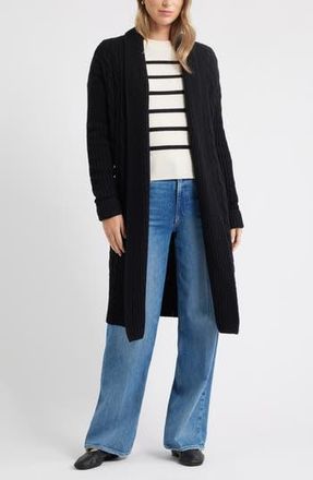 Caslon Cable Longline Open Front Cardigan in Black at Nordstrom Rack, Size Xx-Small