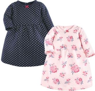 Hudson Baby Twin Pack Long-Sleeve Dress Bundle in Pink And Navy Floral at Nordstrom, Size 12-18M