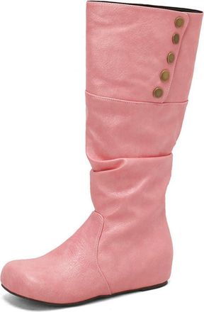 Generic Womens Wedge Heel Knee High Boot Round Toe PU Leather Long Boots Pull on Slouch Boot with Button,Pink,10.5 UK