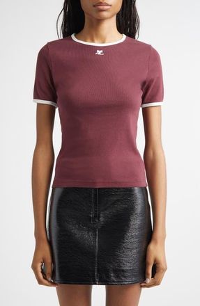 Courr&egrave;ges Contrast Trim Logo T-Shirt in Burgundy/Heritage White at Nordstrom, Size X-Small